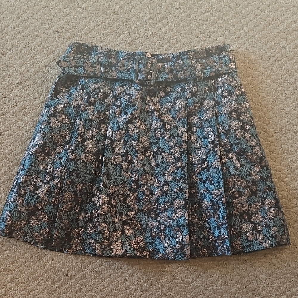 Club Monaco Floral Pleated Skater Skirt in Black, Blue, and Cream